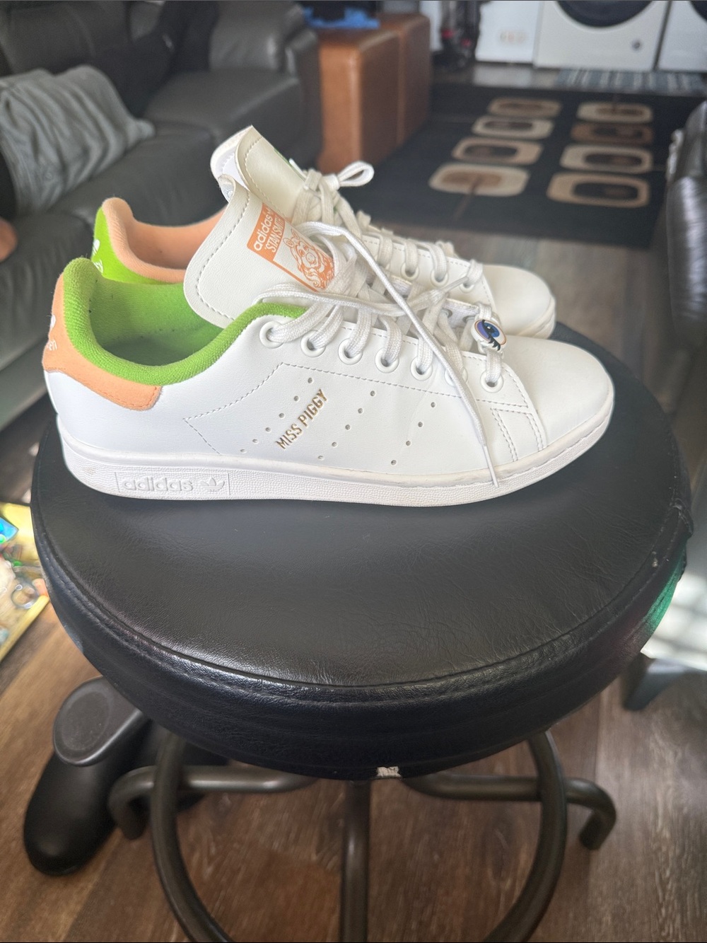 adidas Kids White Sneakers with Green Lining & Peach Heel
